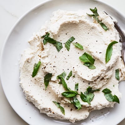 Creamy tofu ricotta spread over toasted crostini with diced tomatoes, a vibrant dairy-free appetizer idea.  