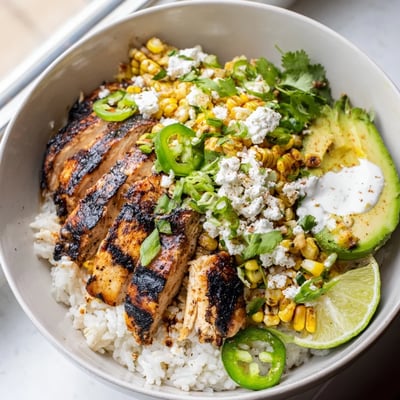 Street Corn Chicken Bowl served over brown rice, drizzled with creamy lime crema and topped with avocado slices.