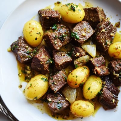 Slow Cooker Garlic Butter Beef With Potatoes bubbling beside vibrant carrots, onions, and parsley garnish in a cozy kitchen.
