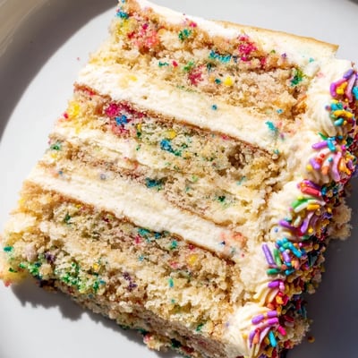 A slice of Milk Bar Birthday Cake shows moist vanilla sponge layers and creamy frosting.