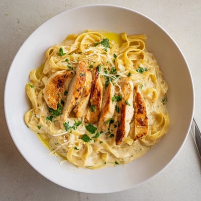 Skillet serving of Creamy Garlic Chicken Pasta tossed in silky Parmesan sauce