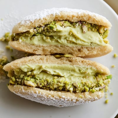 Close-up of Pistachio Cream Cookies Recipe sandwiched with creamy filling, chopped pistachios