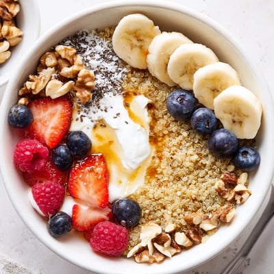 Warm Quinoa Breakfast Bowl topped with sliced banana, crunchy nuts, drizzled honey.
