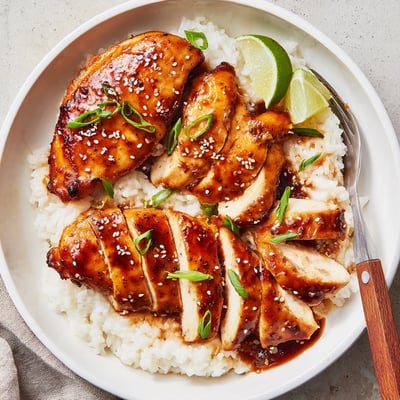 Bowl of Spicy Maple Chicken And Coconut Rice garnished with lime wedges.