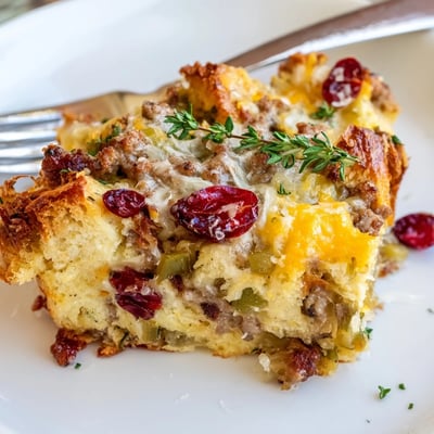 Steaming spoonful of Cranberry Sausage Stuffing Breakfast Casserole loaded with tart red cranberries
