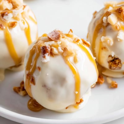 Golden-dipped salted caramel pretzel cheesecake balls coated in crushed pretzels and flaky sea salt