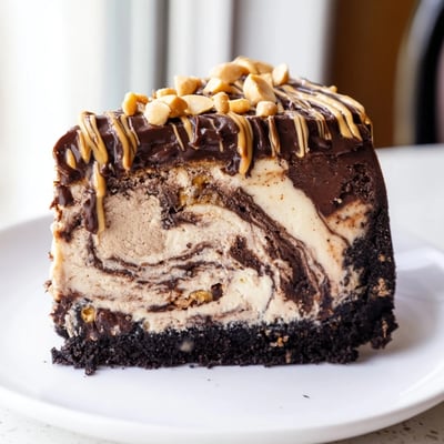 Creamy chocolate peanut butter cheesecake sliced to reveal a marbled swirl filling