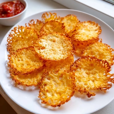 Crispy cottage cheese chips arranged on a rustic wooden serving board