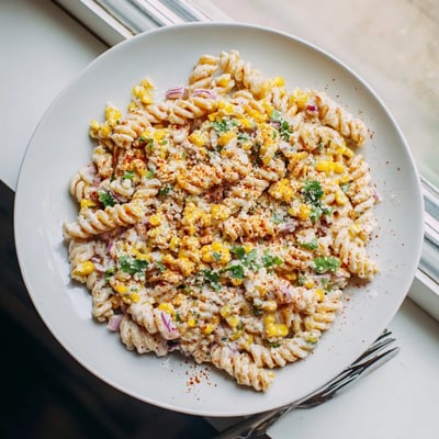 Charred corn and tangy lime dressing coat this vibrant Elote Street Corn Pasta Salad