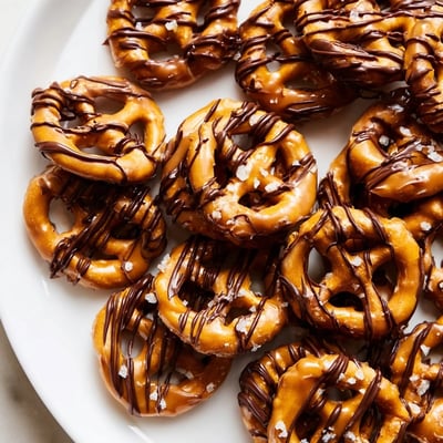 Crunchy butter toffee pretzels piled in a bowl with flaky sea salt sprinkled on top.